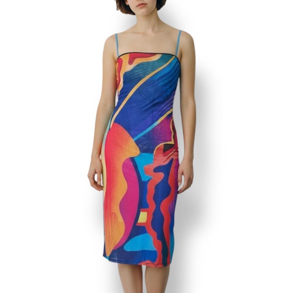 Expired Girl X Heeyajenny Abstract‎ Mesh Midi Slip Dress Colorblock Medium New